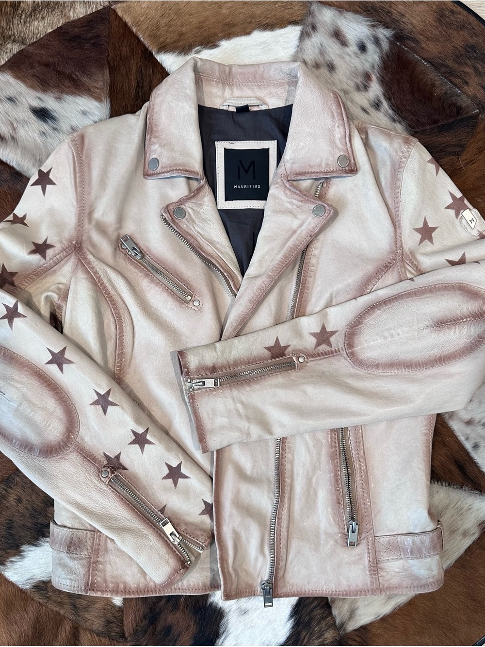 Mauritius Women's Blush Pink Leather Star Moto Jacket